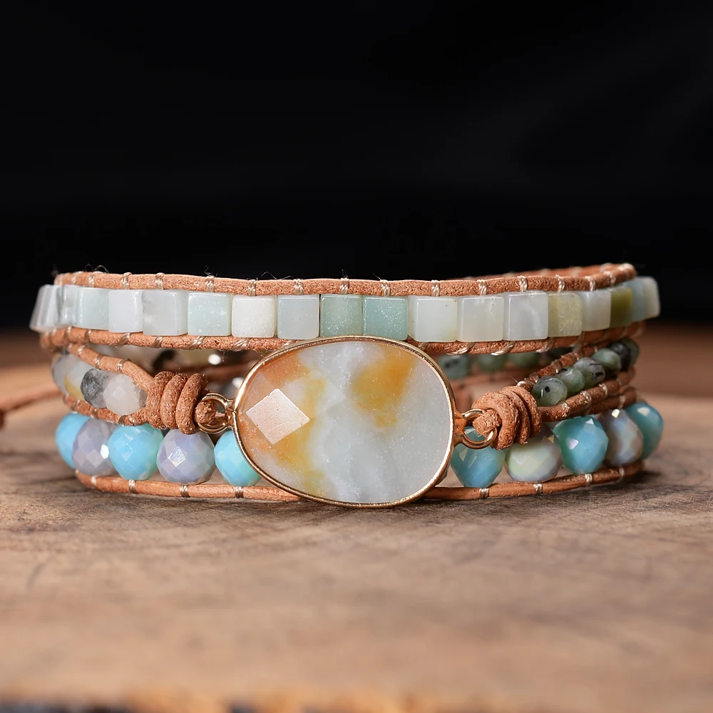 Triple Layers Amazonite Wrap Bracelets Bangles Square Stones Faceted Crystal Beads Handmade Braided | Украшения и аксессуары