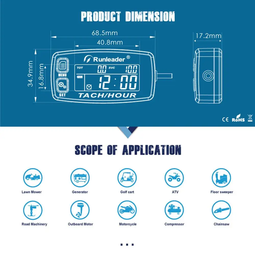 Inductive Tachometer Gauge Engine Hour Meter Alert RPM Backlit Resettable Tacho Hour Meters for Motorcycle ATV Lawn Mower HM032B