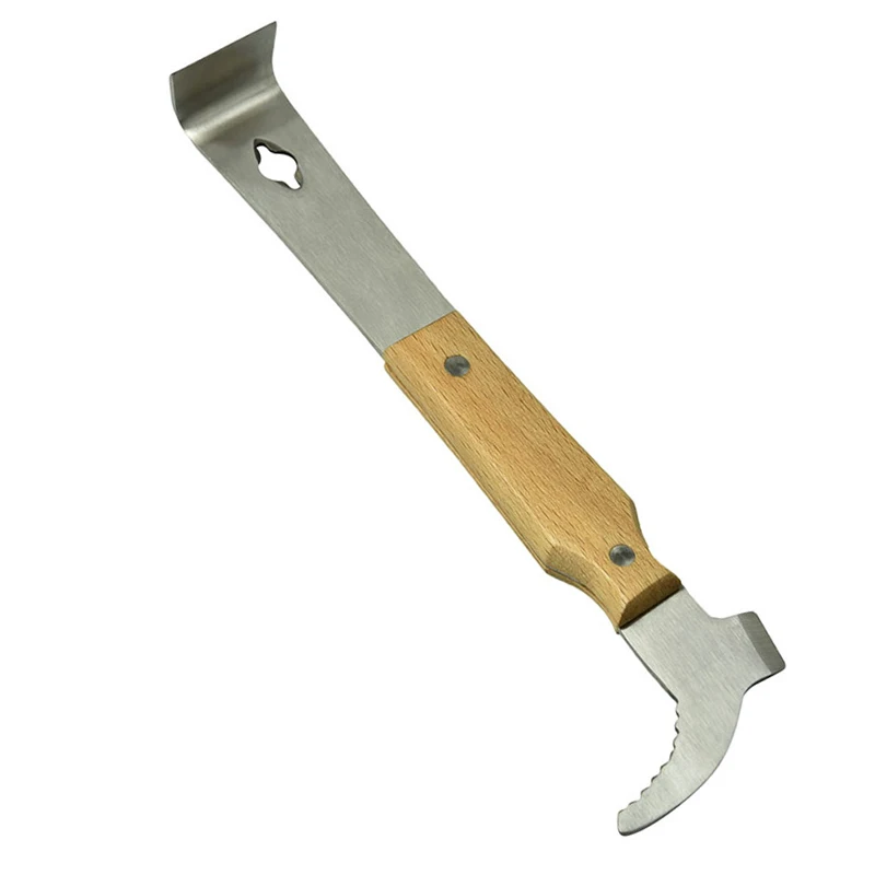 Multi-Use Beehive Scraper Stainless Steel J Shaped Curved Hook Tail Scraping Cutter Wooden Handle Beekeeping Hand Tool