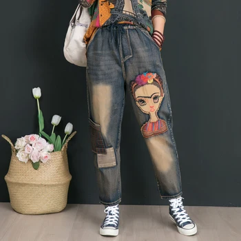 

2020 Spring Women Fashion Korea Style Elastic Waist Cartoon Embroidery Vintage Denim Harem Pant Office Lady Oversize Casual Jean