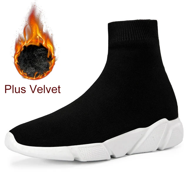 Women Shoes Unisex Short Plush Shoes HighTop Men Socks Boots Soft Sneakers Women Large Size 35-46 Women Platform Vulcanize Shoes Velvet Black