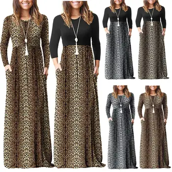 

Women Spring Summer Beach Long Maxi Dress Vintage Leopard Print Dress 2020 Female Casual Long Sleeve Loose Party Vestidos S-3XL
