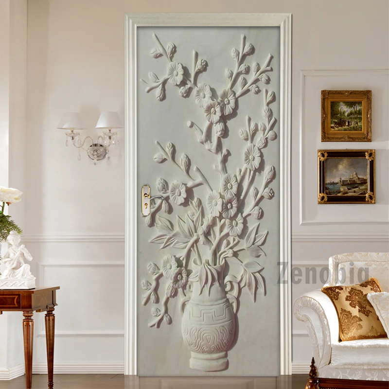 

3D Relief Flowers Vase Door Decoration Stickers Mural PVC Waterproof Self-adhesive Study Room Bedroom Door Sticker Wall Paper