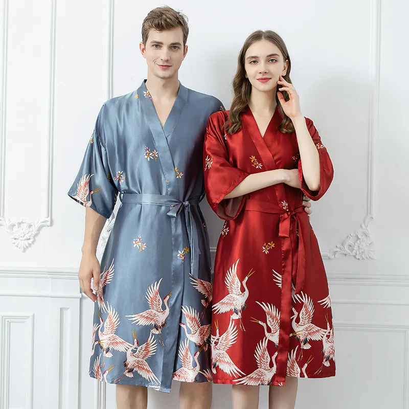 Couples Stylish Men's Bathrobe Silk Kimono Long Sleeves Robe Chinese Lucky Dragon Print Pajamas Men Gown Bathrobe Men Homewear