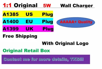 

100pcs/lot Original 1:1 Quality A1400 EU A1385 US A1399 UK Plug USB AC Power Adapter Wall Charger For i5 6 7 8 Plus iX With logo