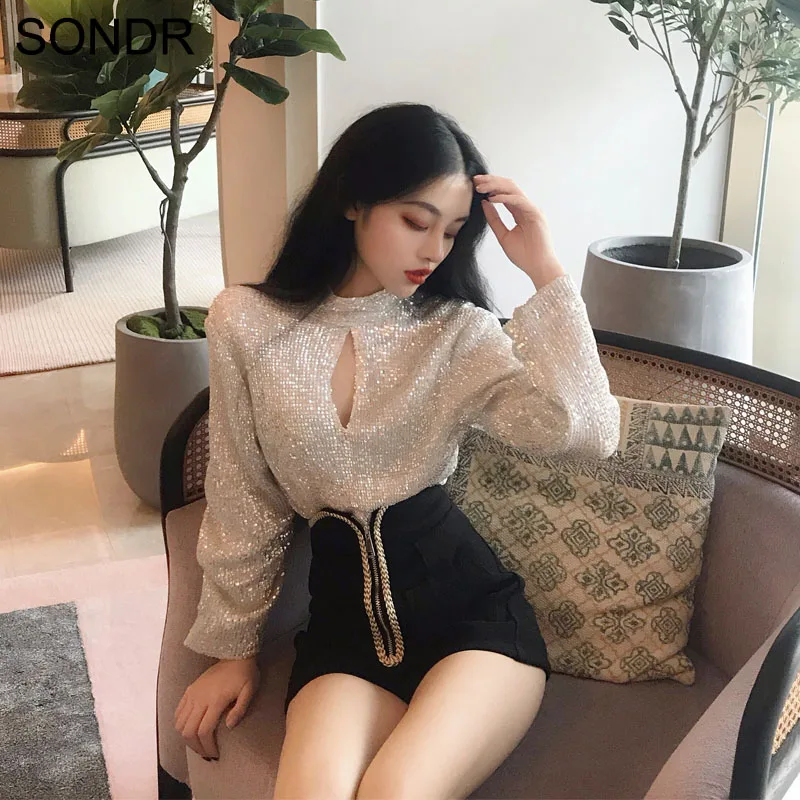 2 Pcs Suit Heavy Industry Sequins Temperament Long-Sleeved Top Female+Was Thin High Waist Boots Pants Shorts 2020 Summer Korean | Женская
