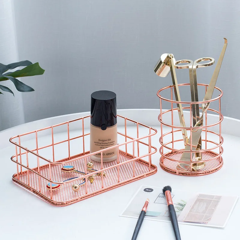 Iron Storage Basket Rose Gold Jewelry Box Receives Box Adornment Room Office Desk Decor Tabletop Storage Box Home Decoration