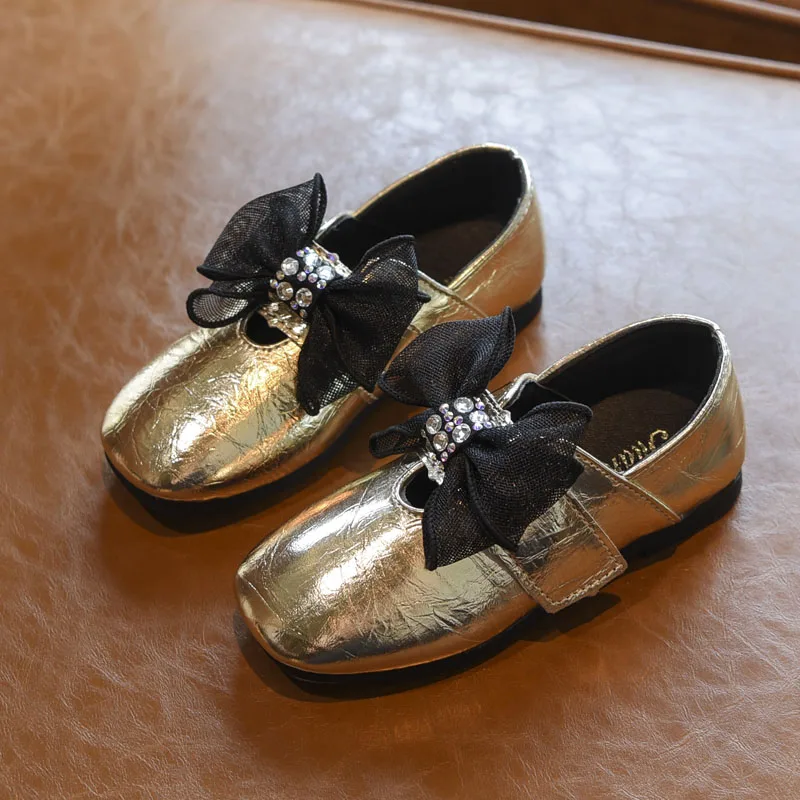 Bakkotie New Kids Autumn Girls Pu Leather Shoes Baby Fashion Lace Bowtie Mary Jane Flats Children Gold Sweet Dress Shoes - Цвет: Золотой