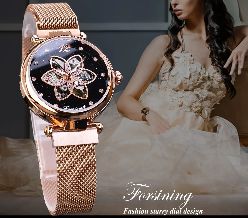 Forsining Ladies Watch Top Brand Luxury Female Watch Rose Gold Mesh Creative Diamond Flower Dial Mechanical Fashion Women Clock