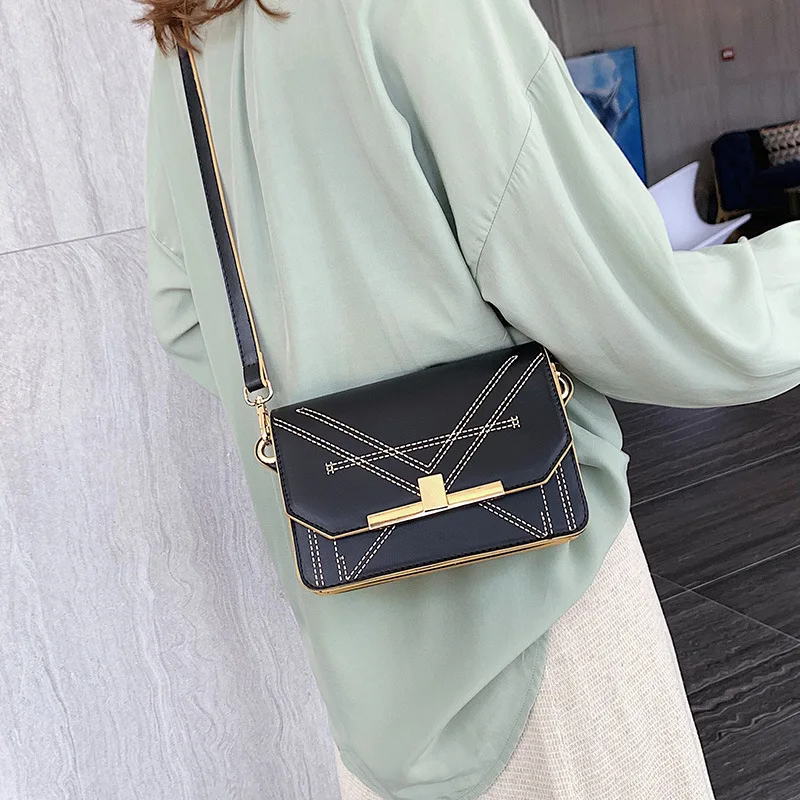 

Sweet lady small square bag fashion embroidery line elegant temperament hand bag wild texture solid color shoulder messenger bag
