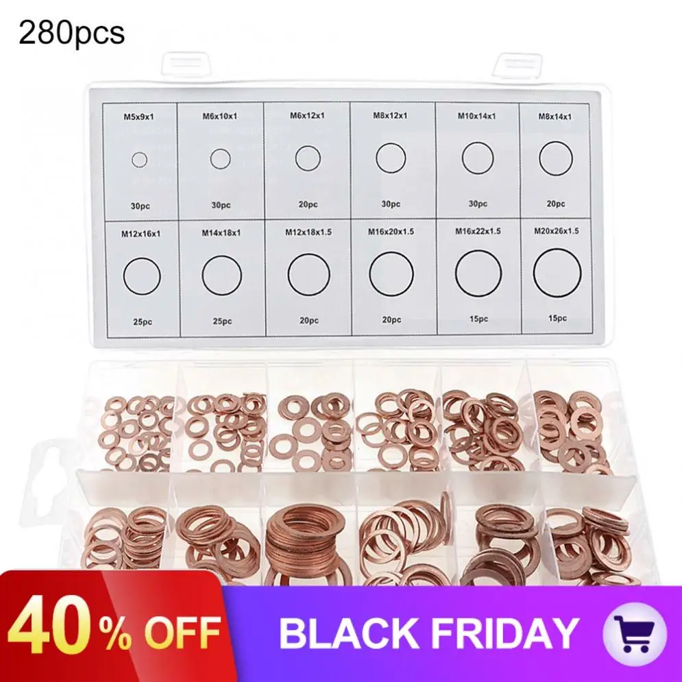 280pcs Mechanical Sealed Copper Washers Set with 12 Sizes and O-type for Sump Plugs /Hydraulic Fittings