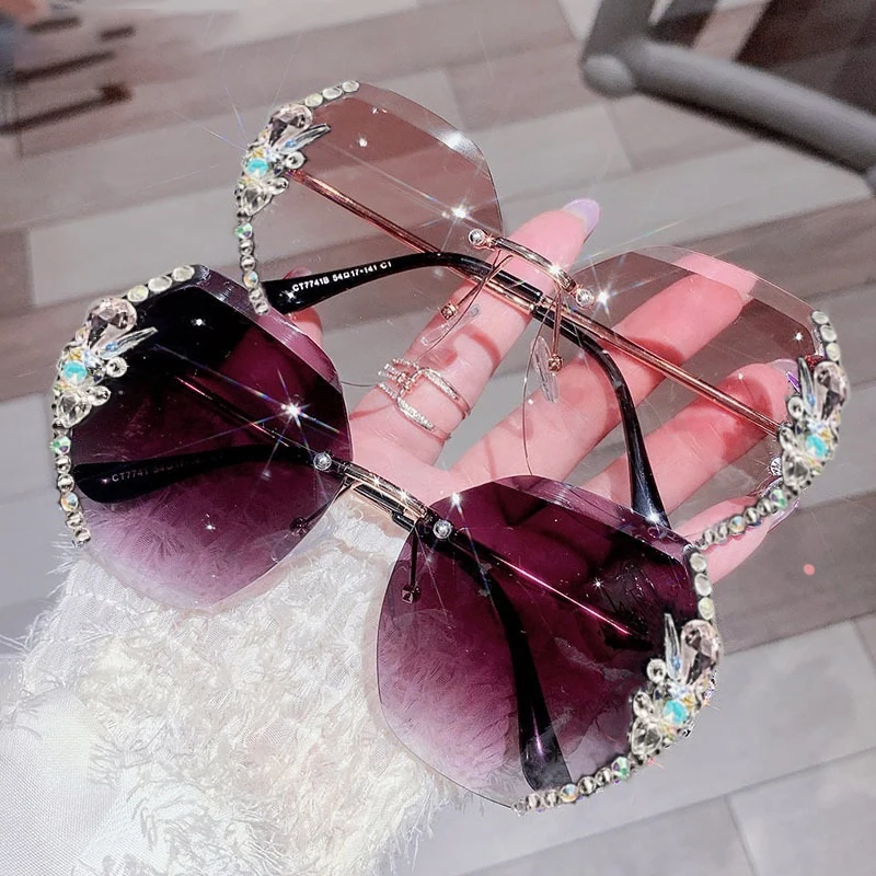 2022 Luxury Brand Design Vintage Rimless Rhinestone Sunglasses Women Men Fashion Gradient Lens Sun Glasses Shades for Female