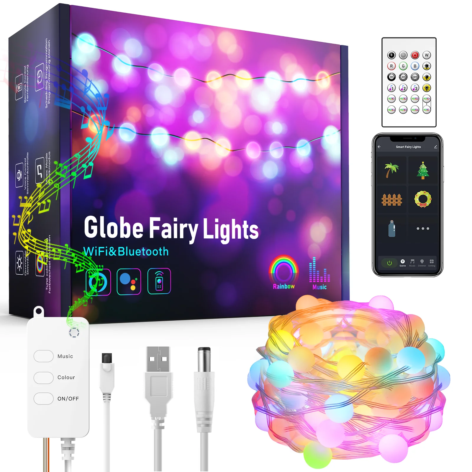 

Globe Fairy Light WiFi Outdoor Garland RGB LED String Bluetooth Remote Control Party Light Garden Decor Work With Alexa / Google