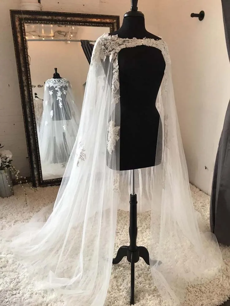 2020 Long Bridal Wedding Cape Veil With Lace multiple White/ivory Wraps Appliques Jacket Cloak |