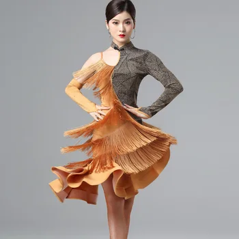 

New Design Latin Dance Performance Dress Sexy Single Sleeve Tassel Fish Bone Skirt Professional Ballroom Samba Dresses