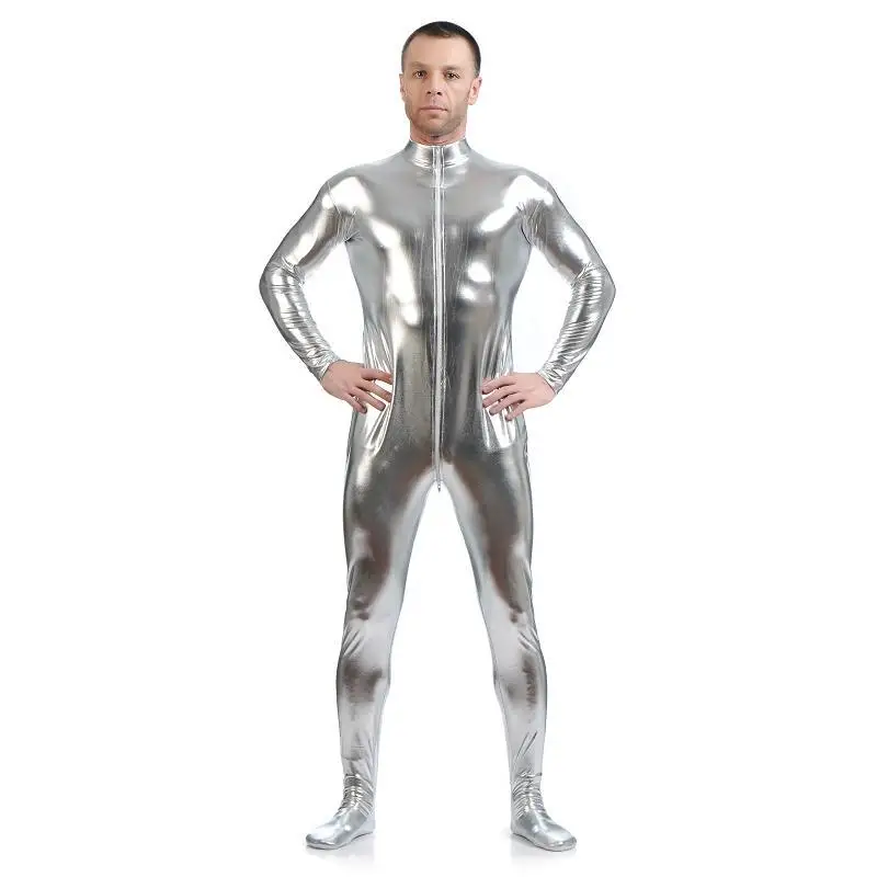 Костюм для косплея Zentai из искусственной кожи без головы с металлическим блеском
