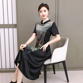 

Silk Dress 2020 Summer New Style Middle Aged Mother Vintage Print A-line O-neck Summer Clothes For Women Vestidos Elegantes 4xl