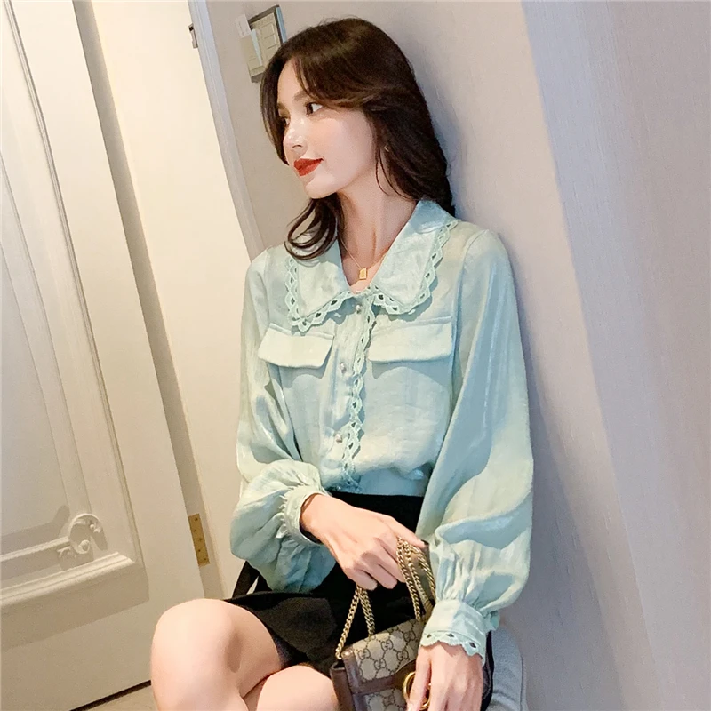 

COIGARSAM Korea Style Lace Shirt Womens tops New Spring Office Lady Full Sleeve Chiffon Solid Women shirts White Green 6008