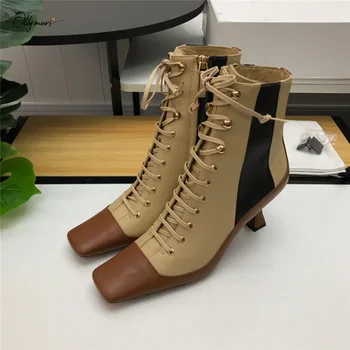 

OllyMurs New Fashion Genuine Leather Gladiator Lace Up Women Boots Square Toe Thin High Heel Autumn Winter Boots Shoes Women