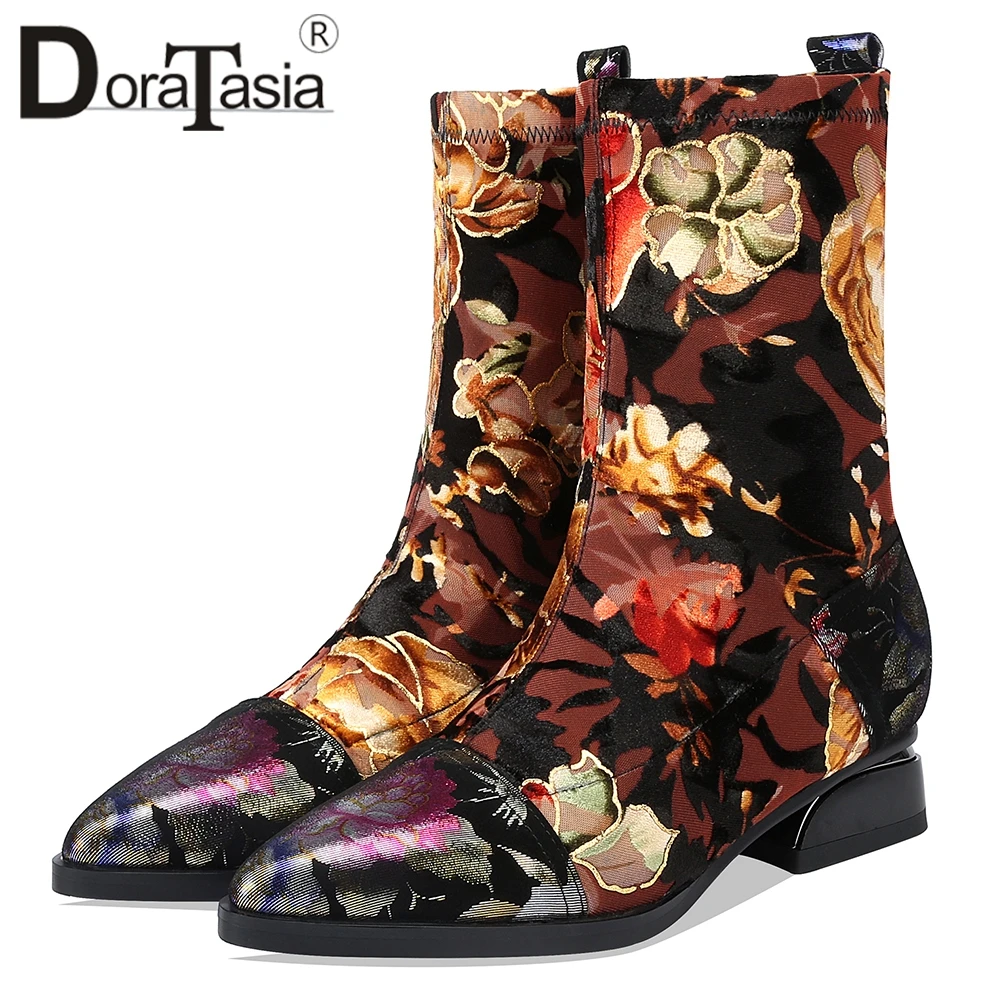 

DORATASIA New Fashion Flower Print Booties Ladies Genuine Leather Suede Ankle Stretch Boots Women 2019 Low Heels Shoes Woman