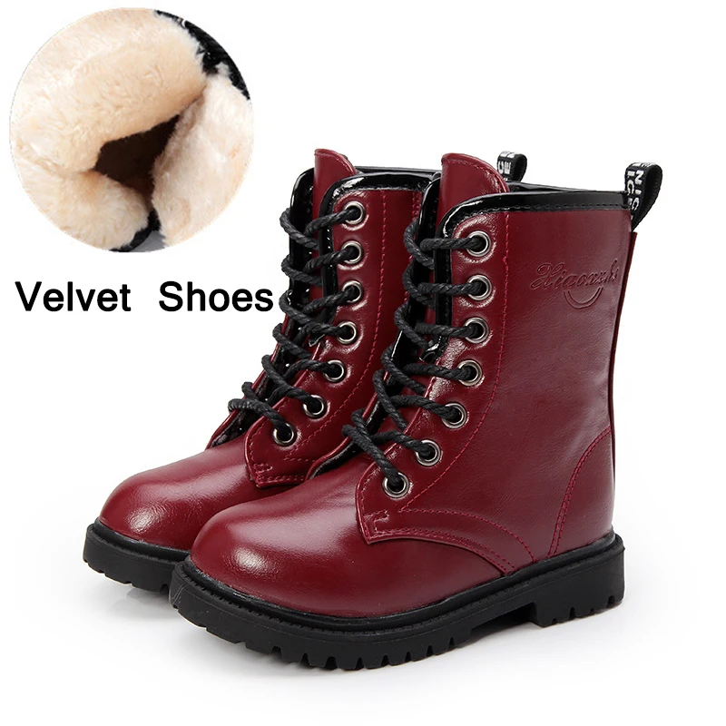 Детская обувь; зимние сапоги для девочек; кожаные водонепроницаемые детские ботинки; Новинка года; Модные Ботинки martin для мальчиков; бархатная теплая обувь для девочек - Цвет: Velvet Wine red