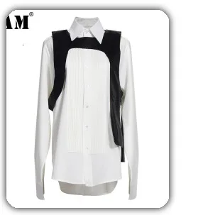 [EAM] Women Black Stripe Perspective Big Size Blouse New Lapel Puff Sleeve Loose Fit Shirt Fashion Spring Summer 2020 1U333