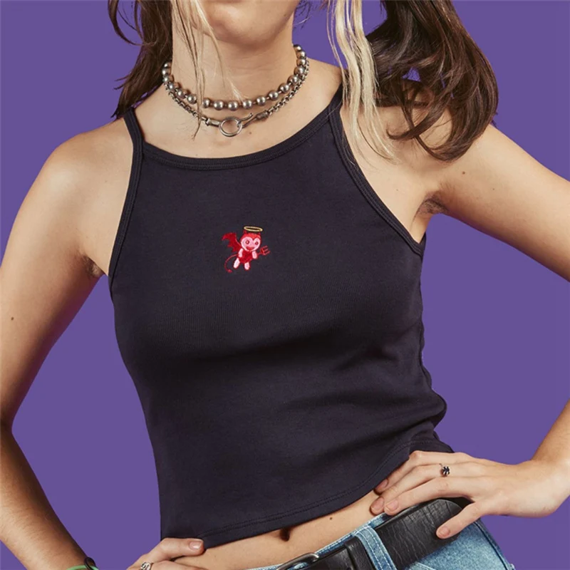 

Liva Girl Embroidery Tank Tops Female Slip Crop Tops Sexy Camis Club Camisoles Ladies Short Tight Shirt