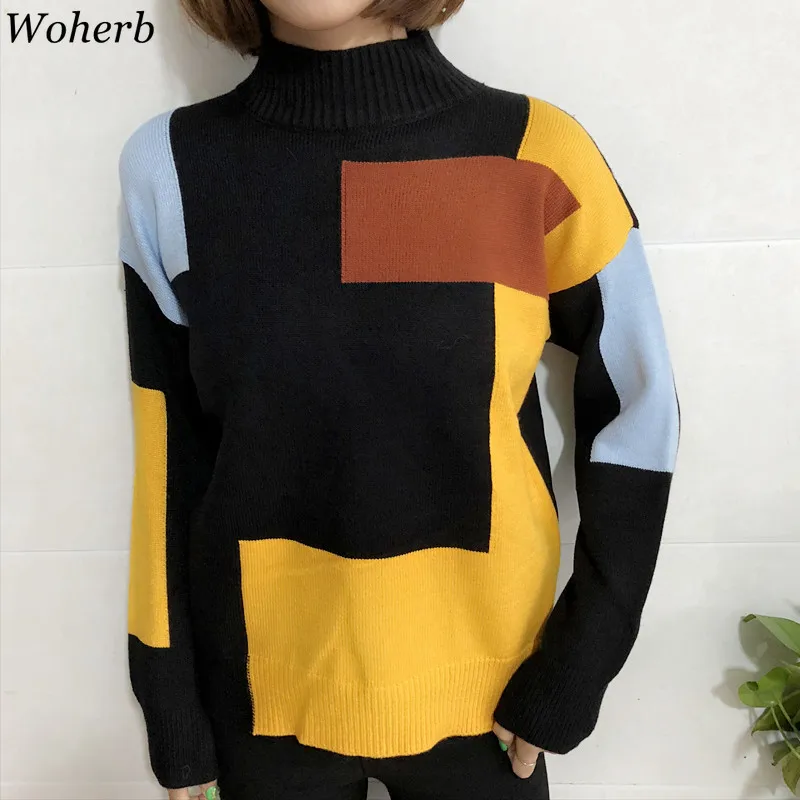 Woherb Pull Femme Лоскутные контрастные цвета Половина Водолазка с длинным рукавом Пуловеры Свитера повседневные винтажные вязаные топы джемперы 91269