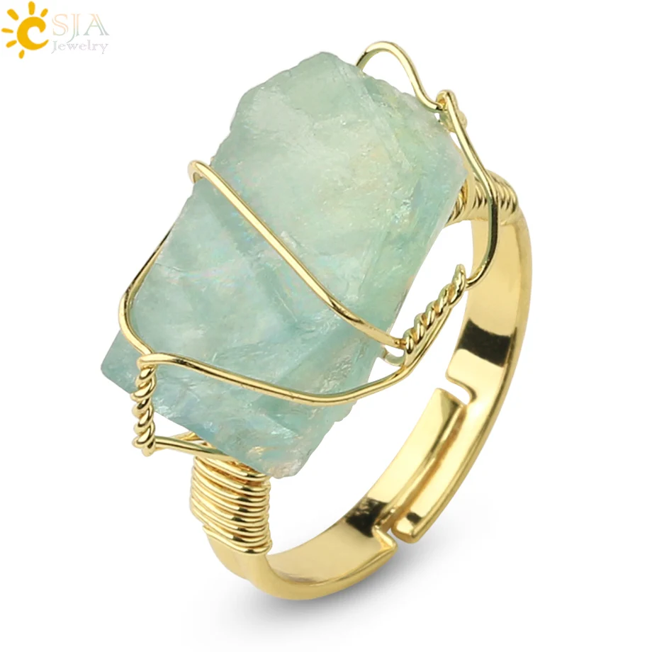 CSJA Natural Stone Crystal Rings Women Irregular Wire Wrap Healing Purple Fluorite Gold-color Resizable Finger Ring Jewelry G339 - Image 2