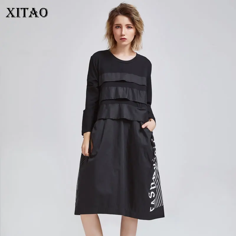 XITAO печати письмо в полоску с высокой талией платье женская одежда 2019 карман