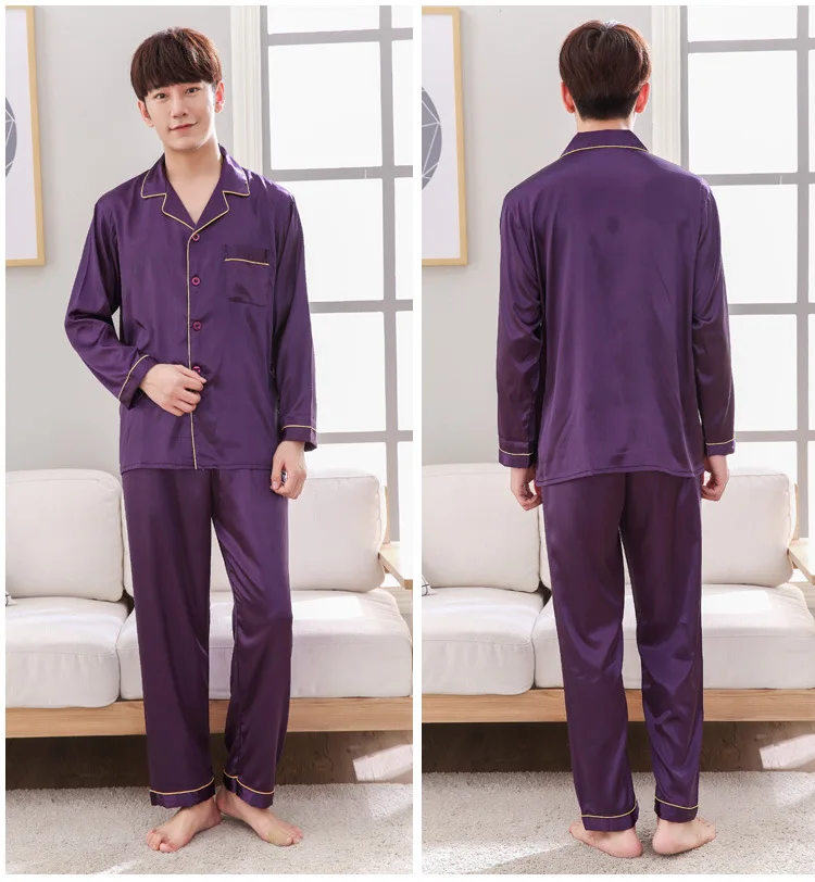 Man Pajamas Set 2pc Shirt Pants Sleepwear Spring Autumn Rayon Silk Nightgown Robe Size L-XXXL