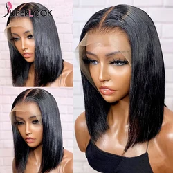 Brazilian Bone Straight Hair Wide Middle Part Short Bob Wig 13x5x2 Transparent Lace Front Human Hair Wigs Pre Plucked Superlook