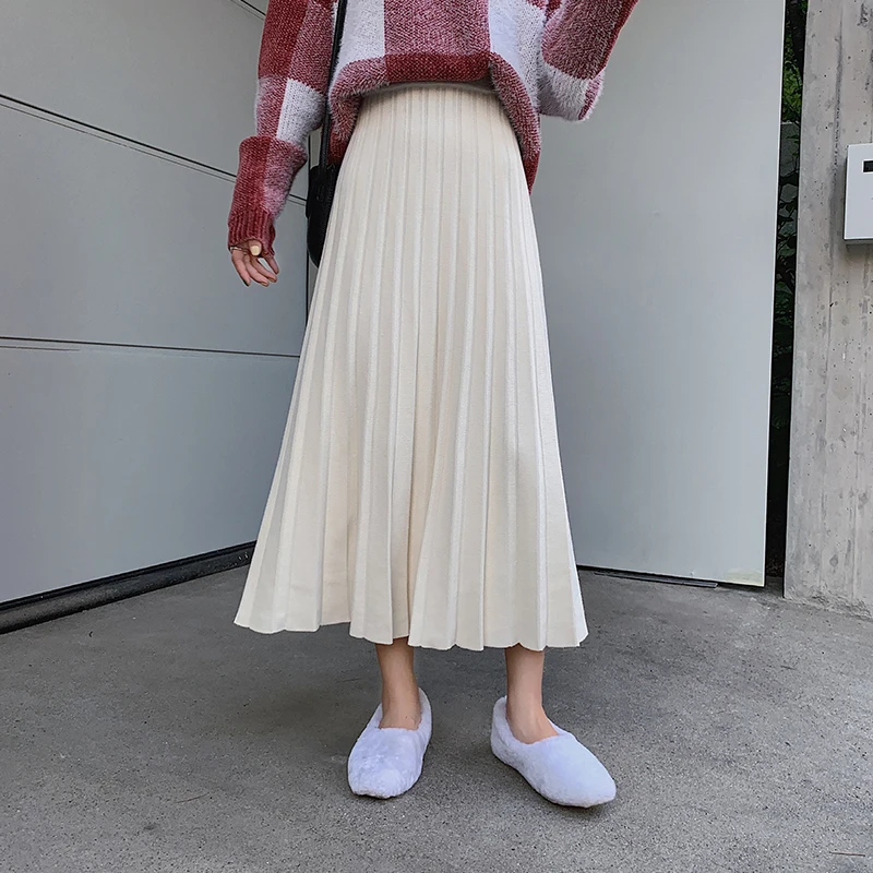 

Women Loose Knitted Skirts Thick Warm Casual High Waist Midi Pleated Sweater Skirt Autumn Winter Female A-line Skirts JK509