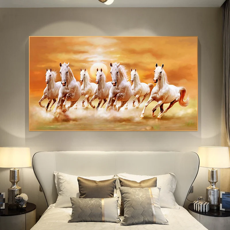 Seven Running White Horse Animal Painting Artistic Canvas Gold Posters and Prints Modern Wall Art Pictures For Living Room Decor
