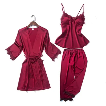 

Sexy Female Robe Pajamas 3PC Strap Top Pants Suit Sleepwear Woman Home Wear Nightgown Sets Lady Kimono Bath Gown Nightdress