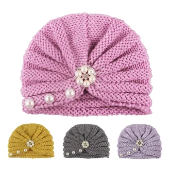 

2019 Solid Color Pearl Knitted Hat For Girls Baby Warm Ponytail Beanie Cap Turban Hat Kids Newborn Headwrap Cute Toddler Bonnet