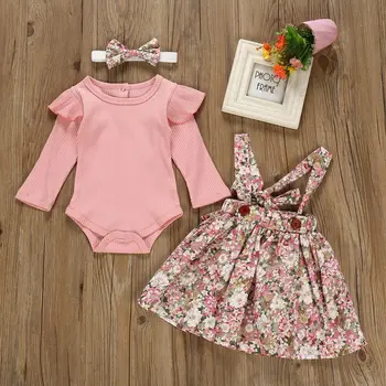 

Autumn Baby Girls Romper Kids Long Flare Sleeve Tops Floral Strap Skirt Headband Outfits Clothes Sets Children Costume Suit
