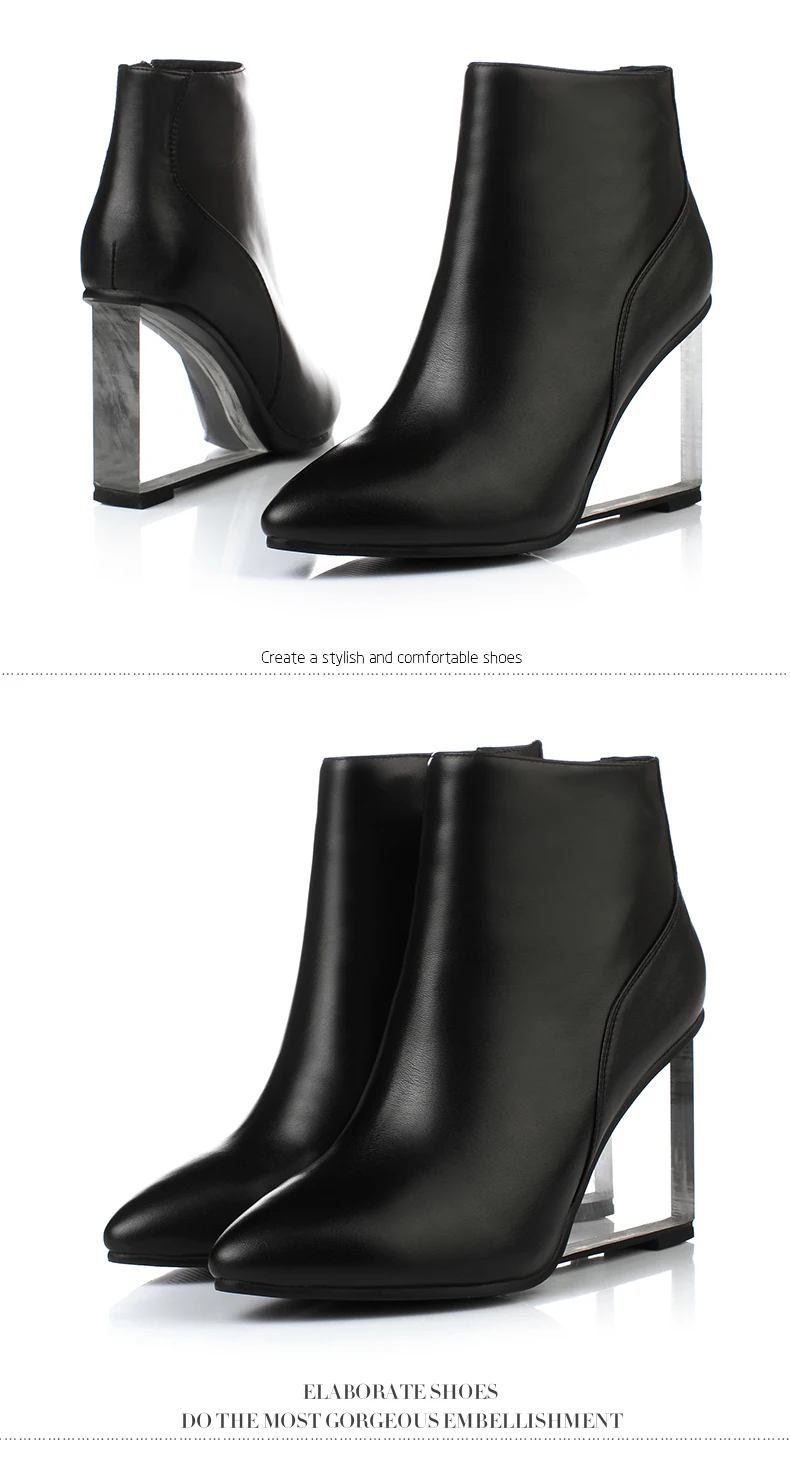 genuine leather boots pointed toe Slope heel transparent crystal 9cm fashion show women's shoes yellow black autumn winter new