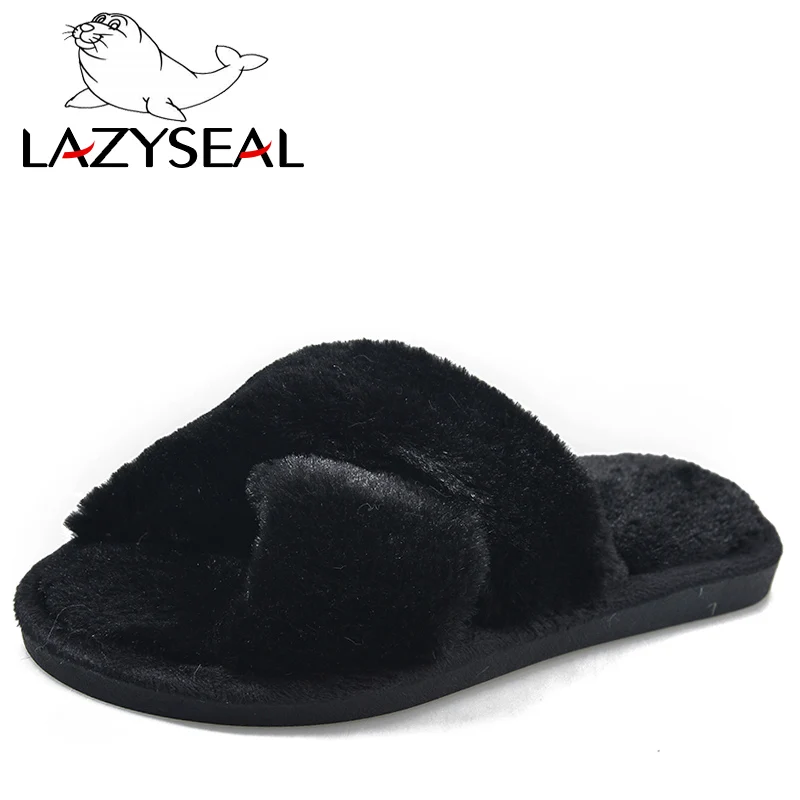 LazySeal/ г. Зимние домашние теплые меховые тапочки женская обувь женские домашние тапочки леопардовые женские шлепанцы теплая Домашняя обувь для женщин - Цвет: Black - Solid color