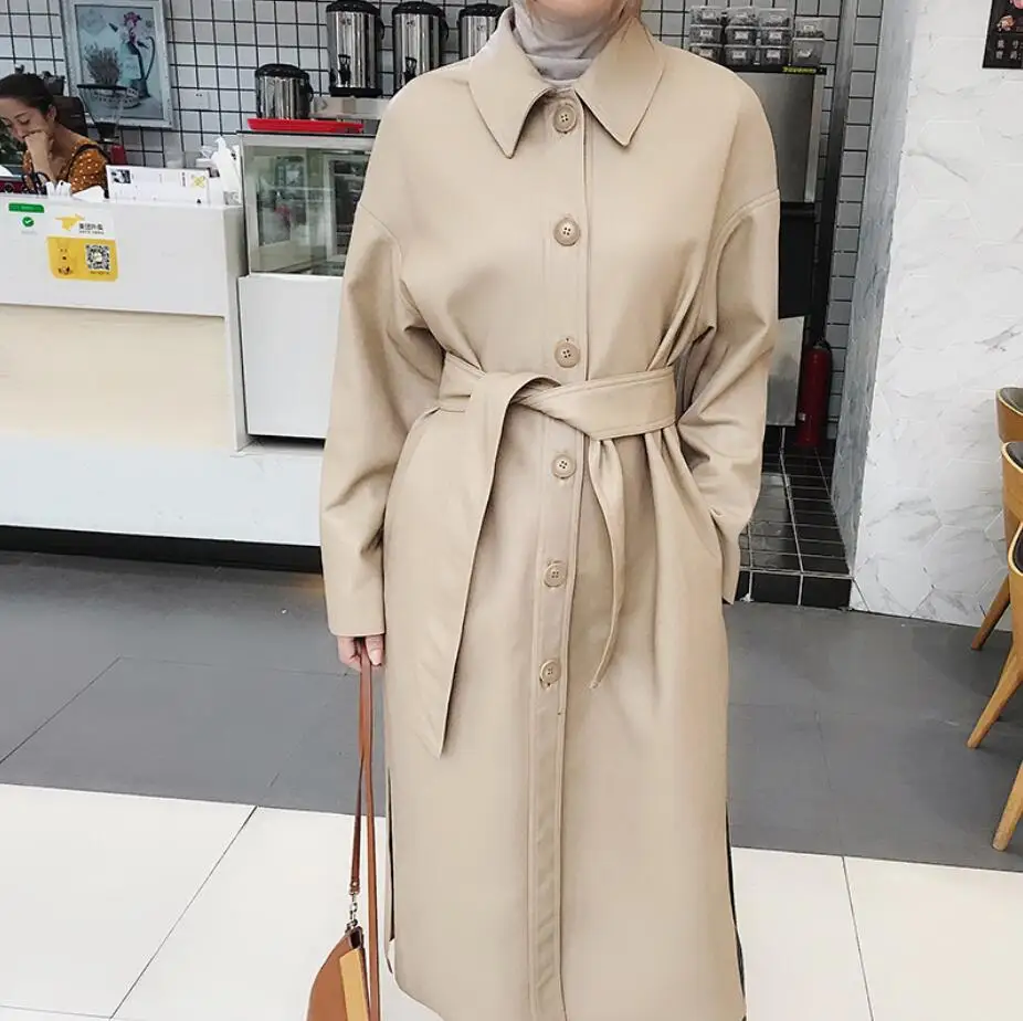 

2019 women Korean Imitation sheep PU leather trench coat long section over the knee handsome loose pu leather coat overcoat r168