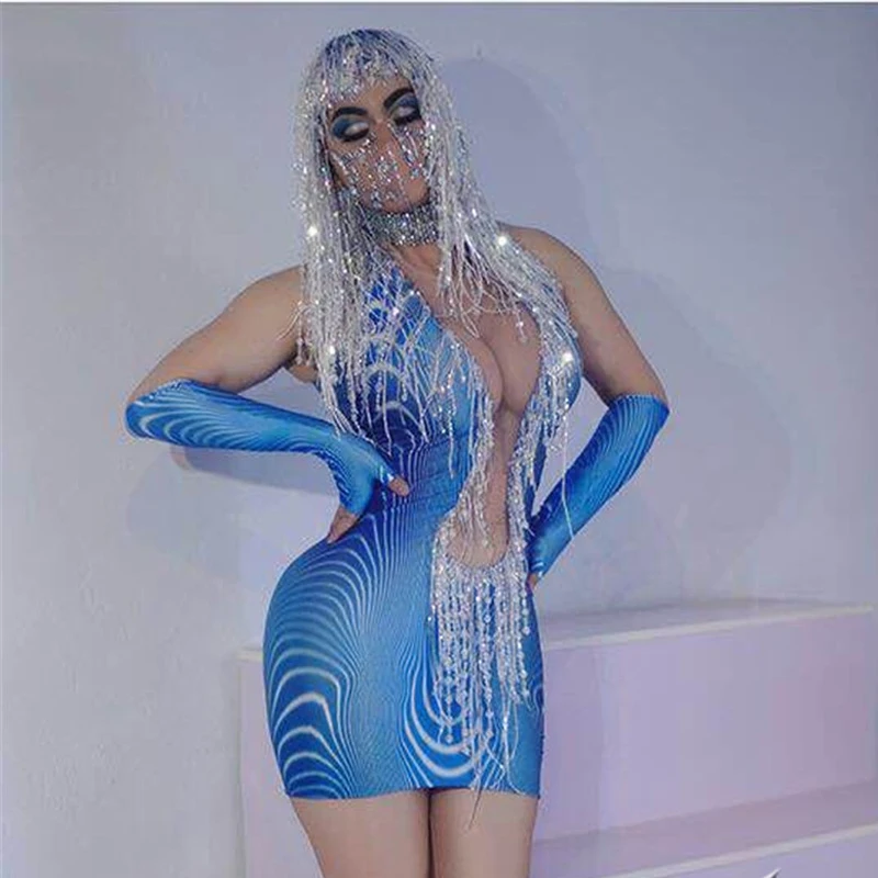 

Shiny Blue Rhinestones Stretch Dress Sequins Tassels Short Dress Party Club Sexy Pole Dance Wear Stage Rave Outfit XS2378