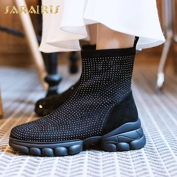 

Sarairis 2020 New Fashion Genuine Leather Crystal Shoes Ladies Boots Female Platform Slip On INS Hot Fashion Shoes Woman Boots