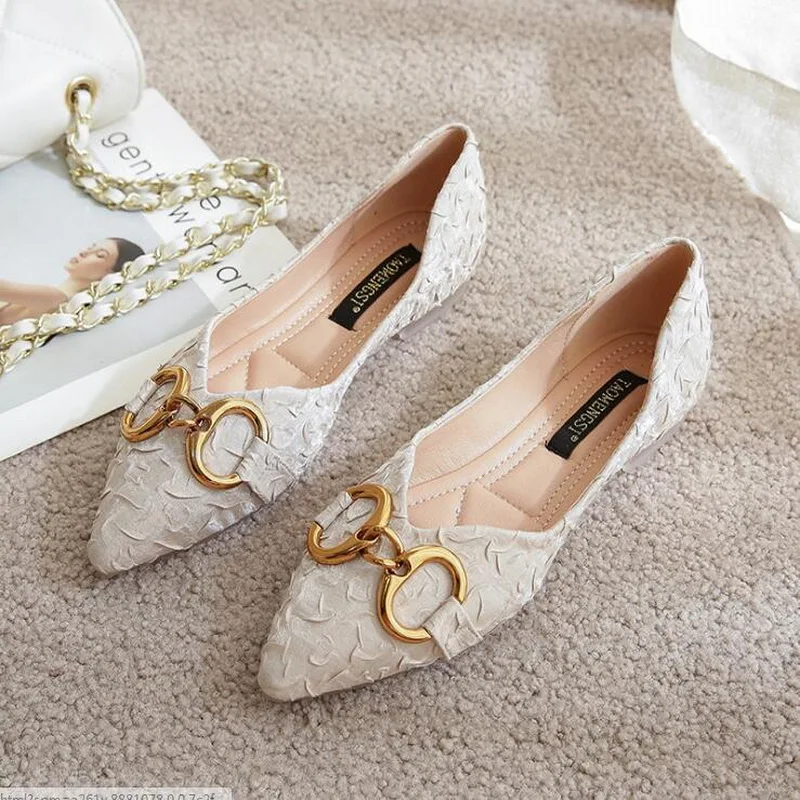 Taomengsi Korean Pointed Tip Deodorant Shoes Slip-On Casual Horseshoe with (1-3CM) Beige Candy Color Women Shoes