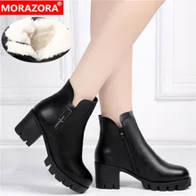 MORAZORA/ г. Обувь из натуральной кожи ботинки на платформе и высоком каблуке женские теплые классические ботильоны для женщин с кристаллами черного цвета