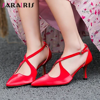 

SARAIRIS Sweet Thin High Heels Date Sandals New Brand Design Genuine Leather Sandals Women Sexy Pointed Toe Party Shoes Woman