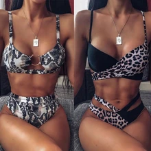 2021 Summer Sexy Bikini Set Female High Waist Leopard Snake Print Split Swimsuit Up Thin Straps T-string Swimsuit