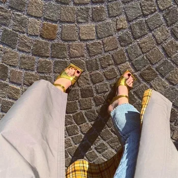 

New Design Gold Square Toe Slippers Genuine Leather High Heels Summer Sandals Shoes Runway Slip On Flip Flops Mules Woman 2020