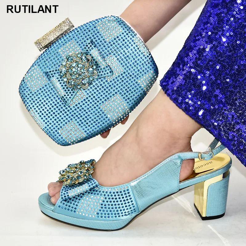 

Sky Blue Color African Women Italian Shoes and Bag Set Matching Shoes and Bag Set Decorated with Rhinestone Nigerian Party Pumps