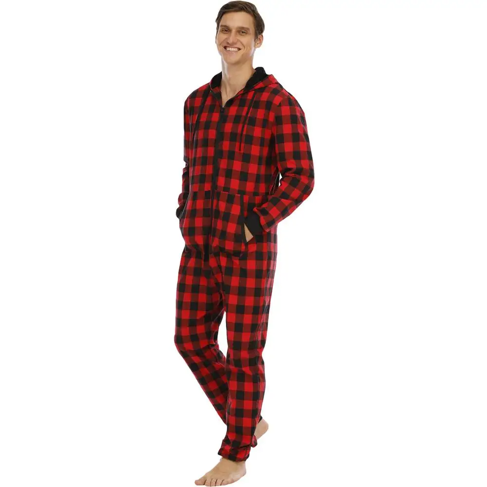 Plaid Printing Onesies Men Hoodies Jumpsuit Casual Long Sleeve Pajamas Zipper Splicing Overalls Autumn Winter Male Streetwear