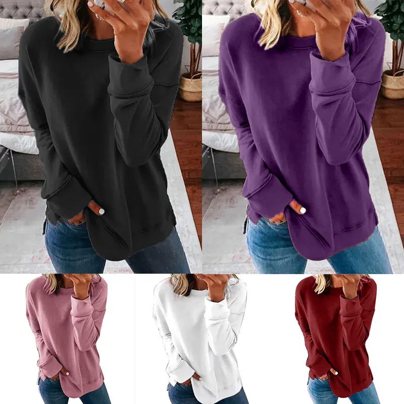

Lady Sweatshirt Tunic Fashion T-Shirt Pullover Tops Women Casual Long Sleeve Loose Solid Color Autumn And Winter Crew Neck Tees